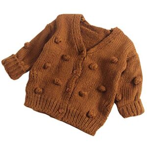 Lefyira Toddler Baby Girl Knit Cardigan Sweaters Open Front Pompom Knitwear Jacket Button Down Solid Knitted Outwear (6-12M, Brown)