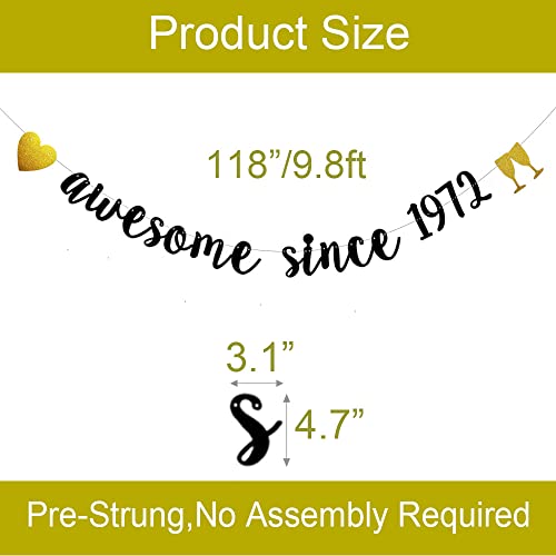 Awesome Since 1972 Banner, Pre-Strung,Black Glitter Paper Garlands for Girls women 51st Birthday Party Decorations Supplies, No Assembly Required,Black,SUNbetterland