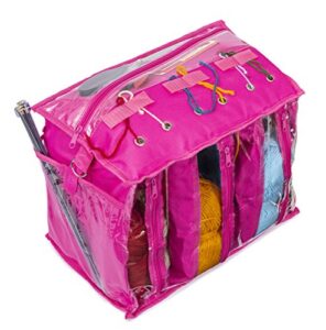 knitting organizer by besti: portable knitting yarn storage bag with multiple pockets, individual compartments, carrying shoulder strap – clear plastic tote bag for needles, crochets & threads (pink)