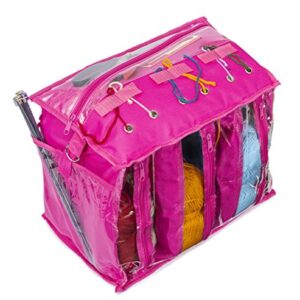 Knitting Organizer by Besti: Portable Knitting Yarn Storage Bag with Multiple Pockets, Individual Compartments, Carrying Shoulder Strap - Clear Plastic Tote Bag for Needles, Crochets & Threads (Pink)