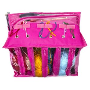 Knitting Organizer by Besti: Portable Knitting Yarn Storage Bag with Multiple Pockets, Individual Compartments, Carrying Shoulder Strap - Clear Plastic Tote Bag for Needles, Crochets & Threads (Pink)