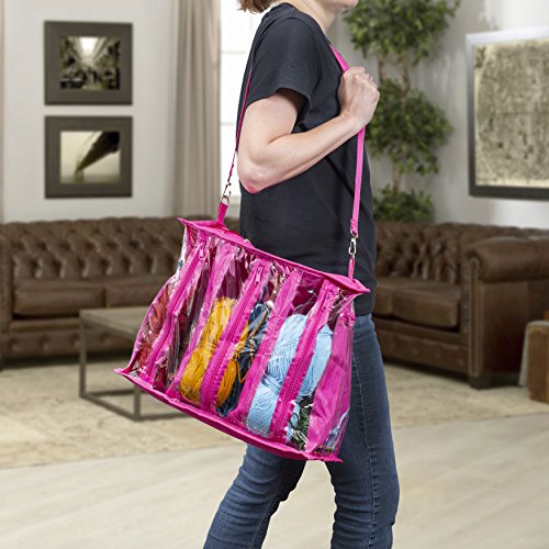 Knitting Organizer by Besti: Portable Knitting Yarn Storage Bag with Multiple Pockets, Individual Compartments, Carrying Shoulder Strap - Clear Plastic Tote Bag for Needles, Crochets & Threads (Pink)