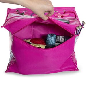 Knitting Organizer by Besti: Portable Knitting Yarn Storage Bag with Multiple Pockets, Individual Compartments, Carrying Shoulder Strap - Clear Plastic Tote Bag for Needles, Crochets & Threads (Pink)