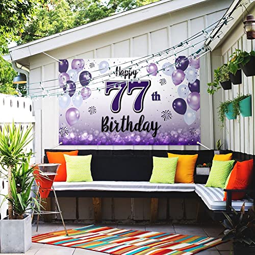 LASKYER Happy 77th Birthday Purple Large Banner - Cheers to 77 Years Old Birthday Home Wall Photoprop Backdrop,77th Birthday Party Decorations.