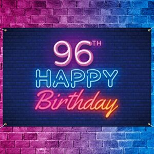 glow neon happy 96th birthday backdrop banner decor black – colorful glowing 96 years old birthday party theme decorations for men women supplies