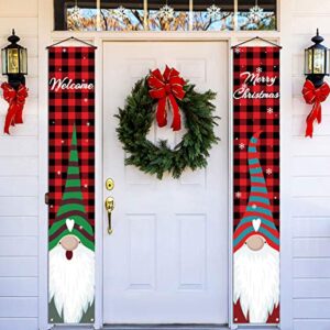 rainlemon welcome and merry christmas gnome porch banner,black and red buffalo check plaid,front door sign decoration