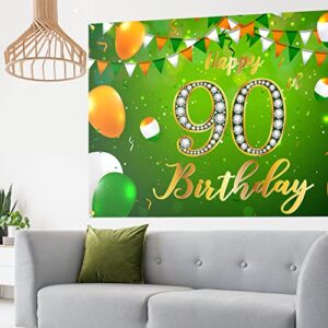 Happy 90th Birthday Backdrop Banner Decor Green - Glitter Cheers to 90 Years Old Birthday Party Theme Decorations for Men Women Supplies