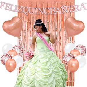 la quinceañera birthday decorations (mis quince anos sash, “feliz quinceanera” banner, foil rose gold curtains, heart balloons, pink & white balloons) 15th birthday party supplies photo props
