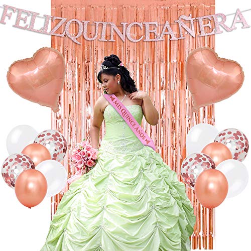 La Quinceañera Birthday Decorations (Mis Quince Anos Sash, "Feliz Quinceanera" Banner, Foil Rose Gold Curtains, Heart Balloons, Pink & White Balloons) 15th Birthday Party Supplies Photo Props