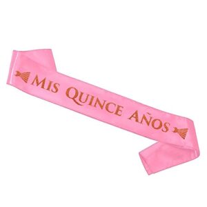 La Quinceañera Birthday Decorations (Mis Quince Anos Sash, "Feliz Quinceanera" Banner, Foil Rose Gold Curtains, Heart Balloons, Pink & White Balloons) 15th Birthday Party Supplies Photo Props