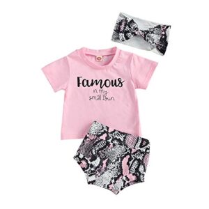infant baby girl summer outfits short sleeve letter t-shirt top bloomers with headband 3pcs toddlers clothes set (pink+python, 0-6 months)