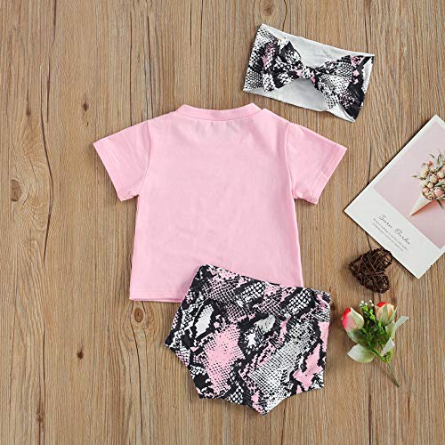 Infant Baby Girl Summer Outfits Short Sleeve Letter T-Shirt Top Bloomers with Headband 3Pcs Toddlers Clothes Set (Pink+Python, 0-6 Months)