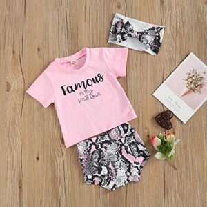 Infant Baby Girl Summer Outfits Short Sleeve Letter T-Shirt Top Bloomers with Headband 3Pcs Toddlers Clothes Set (Pink+Python, 0-6 Months)