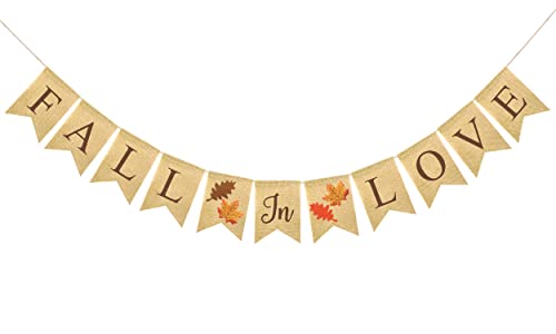 FAKTEEN Fall in Love Maple Leaf Burlap Banner for Fall Autumn Wedding Bridal Shower Engagement Party Decorations Garland Fall Thanksgiving Hanging Decor