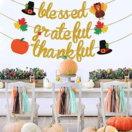 Blessed Thankful Grateful Banner for Thanksgiving Decor, Thanksgiving Banner, Maple Leaves Pumpkin Turkey Bunting Garland for Mantel Fireplace , Thanksgiving Party Home Office Classroom Hanging Decor