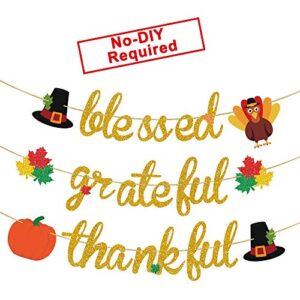 Blessed Thankful Grateful Banner for Thanksgiving Decor, Thanksgiving Banner, Maple Leaves Pumpkin Turkey Bunting Garland for Mantel Fireplace , Thanksgiving Party Home Office Classroom Hanging Decor