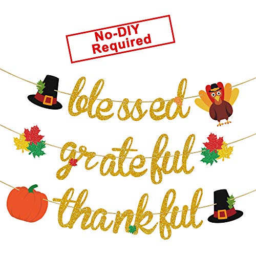 Blessed Thankful Grateful Banner for Thanksgiving Decor, Thanksgiving Banner, Maple Leaves Pumpkin Turkey Bunting Garland for Mantel Fireplace , Thanksgiving Party Home Office Classroom Hanging Decor