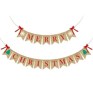 PACETAP Merry Christmas Banner Burlap,Christmas Fireplace Banner Christmas Wall Banners,Christmas Tree Decor,Christmas Home Chimney Indoor Decorations, Christmas Chimney Banner with 4 Red Bows