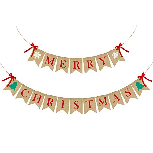 PACETAP Merry Christmas Banner Burlap,Christmas Fireplace Banner Christmas Wall Banners,Christmas Tree Decor,Christmas Home Chimney Indoor Decorations, Christmas Chimney Banner with 4 Red Bows