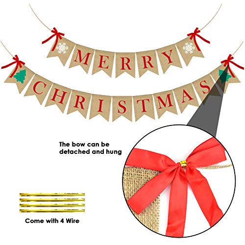 PACETAP Merry Christmas Banner Burlap,Christmas Fireplace Banner Christmas Wall Banners,Christmas Tree Decor,Christmas Home Chimney Indoor Decorations, Christmas Chimney Banner with 4 Red Bows