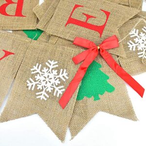 PACETAP Merry Christmas Banner Burlap,Christmas Fireplace Banner Christmas Wall Banners,Christmas Tree Decor,Christmas Home Chimney Indoor Decorations, Christmas Chimney Banner with 4 Red Bows