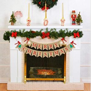 PACETAP Merry Christmas Banner Burlap,Christmas Fireplace Banner Christmas Wall Banners,Christmas Tree Decor,Christmas Home Chimney Indoor Decorations, Christmas Chimney Banner with 4 Red Bows