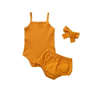 infant baby girls ribbed outfits set sleeveless romper tank tops ruffle shorts headband summer newborn clothes (earthy yellow, 12-18 months)