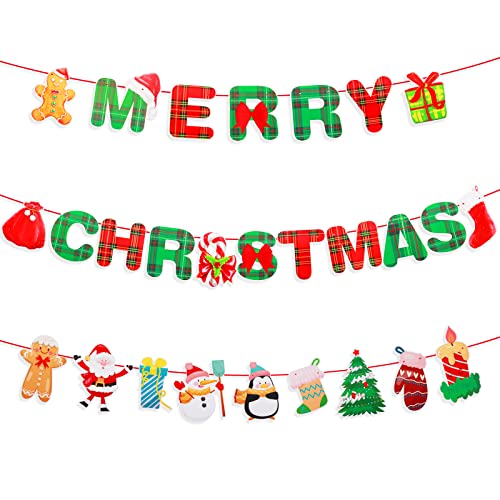 cobee Merry Christmas Banner, Xmas Signs Hanging Banner Plaid Red Green Garland with Cartoon Christmas Tree Santa and Sock Snowman Ornaments for Home Wall Fireplace Party Supplies