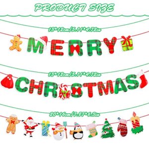 cobee Merry Christmas Banner, Xmas Signs Hanging Banner Plaid Red Green Garland with Cartoon Christmas Tree Santa and Sock Snowman Ornaments for Home Wall Fireplace Party Supplies