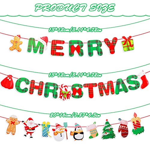 cobee Merry Christmas Banner, Xmas Signs Hanging Banner Plaid Red Green Garland with Cartoon Christmas Tree Santa and Sock Snowman Ornaments for Home Wall Fireplace Party Supplies