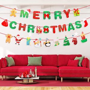 cobee Merry Christmas Banner, Xmas Signs Hanging Banner Plaid Red Green Garland with Cartoon Christmas Tree Santa and Sock Snowman Ornaments for Home Wall Fireplace Party Supplies