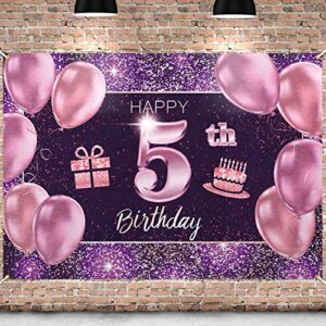 pakboom happy 5th birthday banner backdrop – 5 birthday party decoration supplies for girl – pink purple gold 4 x 6ft