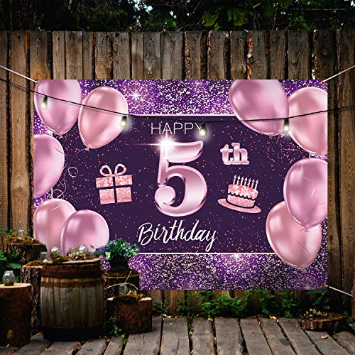 PAKBOOM Happy 5th Birthday Banner Backdrop - 5 Birthday Party Decoration Supplies for Girl - Pink Purple Gold 4 x 6ft