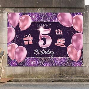 PAKBOOM Happy 5th Birthday Banner Backdrop - 5 Birthday Party Decoration Supplies for Girl - Pink Purple Gold 4 x 6ft