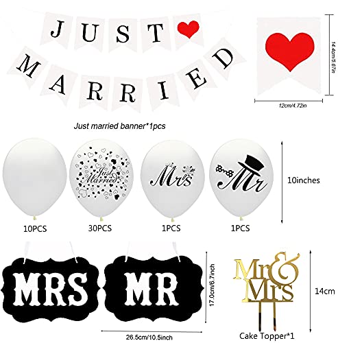 Just Married Wedding Decoration Set,30 White Balloons,10 Just Married Balloons,2 Signs Mr and Mrs, 1 Just Married Garland Banner for Marriage Proposal, Wedding, Party, Decoration