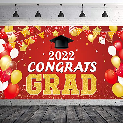 Graduation Party Decorations 2022 Red - Large 78” x 45” Congrats Graduation Banner Party Supplies - Class of 2022 Graduation Decorations for Any Schools or Gradesr Indoor/Outdoor Home Door Décor