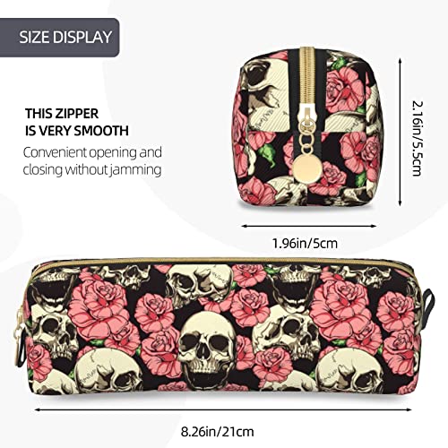 Skull Rose Leather Pencil Case With Zipper Pencil Pouch Stationery Holder Bag Cosmetic Makeup Bag For School, Office And Work