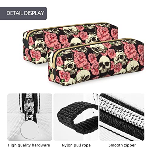 Skull Rose Leather Pencil Case With Zipper Pencil Pouch Stationery Holder Bag Cosmetic Makeup Bag For School, Office And Work