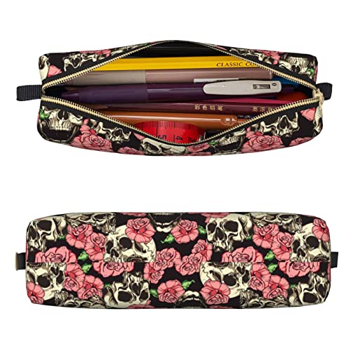 Skull Rose Leather Pencil Case With Zipper Pencil Pouch Stationery Holder Bag Cosmetic Makeup Bag For School, Office And Work