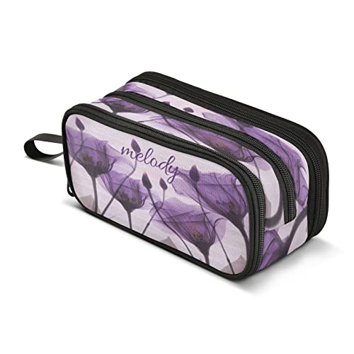 Custom Big Capacity Pencil Pen Case Personalized Multi-purpose Zipper Waterproof Pouch Pencil Holder Stationery Storage Pencil Bag School College Office Organizer for Girl Boy Teen Adult Purple Floral