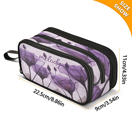 Custom Big Capacity Pencil Pen Case Personalized Multi-purpose Zipper Waterproof Pouch Pencil Holder Stationery Storage Pencil Bag School College Office Organizer for Girl Boy Teen Adult Purple Floral