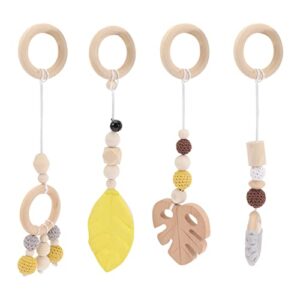 toddmomy wood baby gym with 4 wooden pendant toys wooden gym hanging toys, wooden hanging toys baby play gym for newborn gift （ yellow ）