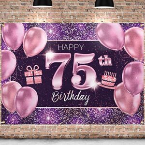 pakboom happy 75th birthday banner backdrop – 75 birthday party decorations supplies for women – pink purple gold 4 x 6ft
