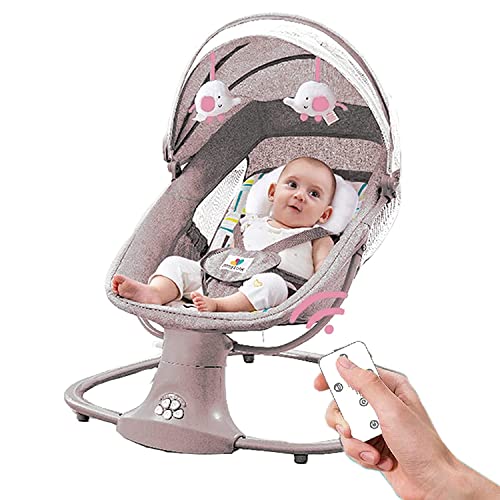 Electric Baby Rocking Chair, Foldable Stationary Baby Swing, 5 Amplitudes Baby Rocker with Music, Bluetooth and Timing Function, Portable Bouncing Baby Seat for Inside and Outdoor (Pink)