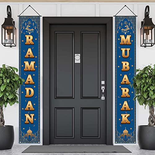 FARMNALL Eid Ramadan Mubarak Porch Banner Ramadan Decorations Moon and Star Mosque Lattern Islamic Front Door Sign Wall Hanging Decorations and Supplies for Home Office