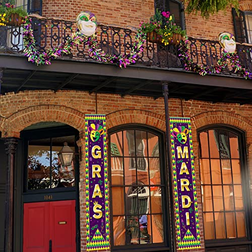 Mardi Gras Porch Sign, Mardi Gras Party Decorations Hanging Banner for New Orleans Mardi Gras Carnival Fat Tuesday Masquerade Party Supplies Yard Indoor Outdoor Decorations, 11.8 x 70.9 Inches