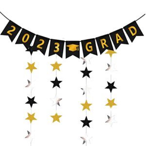 2023 grad graduation banner (assembled)with black gold silver star garland class of 2023 gold graduate party decorations,high school college grad decor, graduation party favors supplies