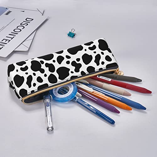 Ykklima Cow Print Texture Leather Pencil Case Zipper Pen Makeup Cosmetic Holder Pouch Stationery Bag for School, Work, Office