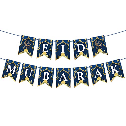 Eid Mubarak Paper Banner Decorations - Happy Eid Party Decorations Hanging Bunting Banner Garland Party Decorations, Ramadan Sign Backdrop for Home Wall Indoor Outdoor