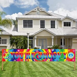 60s themed party banner decorations, 1960s groovy sign peace and love birthday party decor yard sign supplies, colorful 60’s hippie theme retro flower peace sign outdoor party decorations